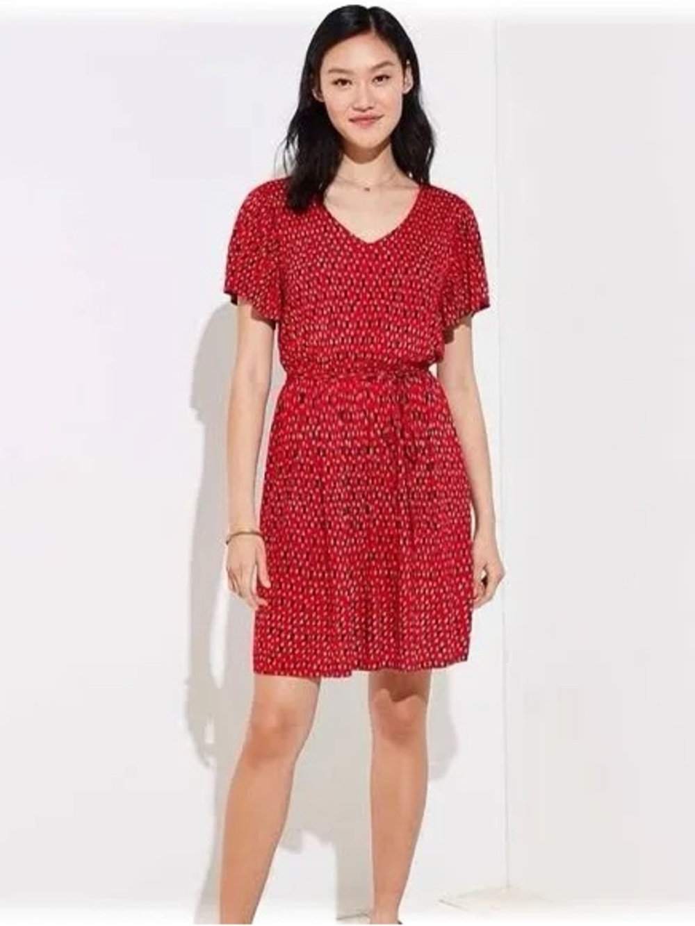 LOFT Red Ikat Print Flutter Sleeve V-Neck Tie-Waist Mini Dress